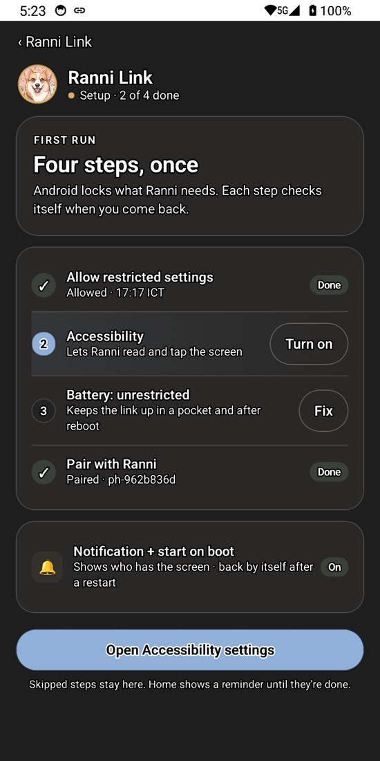 first run · four steps, once · pairing done